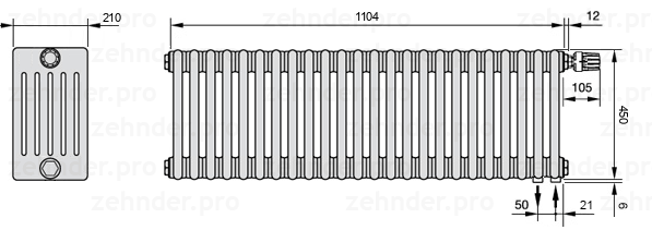 Схема (чертеж) Радиатор Zehnder Charleston 6045/24 №V002 Белый глянцевый RAL 9016